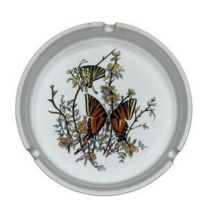 Vintage Ceramic Floral & Butterfly Motif Ashtray Round White 5" Korea